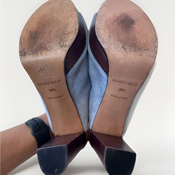 SEE BY CHLOE Clog Blue Denim Platform Slip On Mule Heel Sandals Size 39.5 - Picture 8 of 10